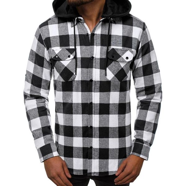 

men's single breasted shrit 2020 new autumn male long sleeve detachable hat shirt casual plaid pocket cotton blends cozy, White;black