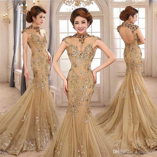 

урожай 2019 шампанское русалка платье sheer высокий воротник вырезы backless втулки крышки вечернее платье с блестками аппликациями, Black