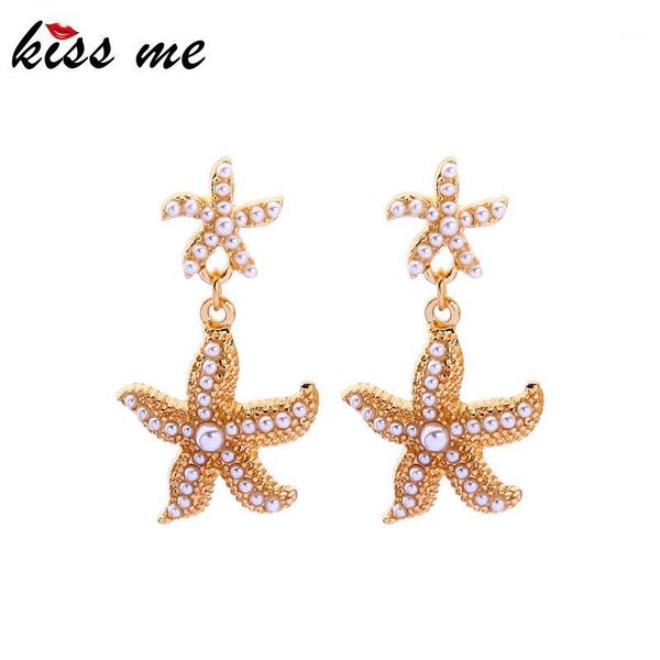 

kissme two-type acrylic pearl flower starfish handmade stud earrings for women gifts gold color new fashion jewelry accessories1, Golden;silver