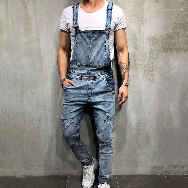 

men's jeans casual fashion ripped high waist distressed denim overalls men jumpsuit summer1, Blue