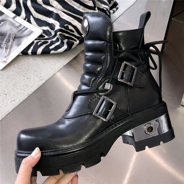 

genuine leather gothic punk boots women chunky high heel platform boots metal buckles knight boots lace up motorcycle, Black