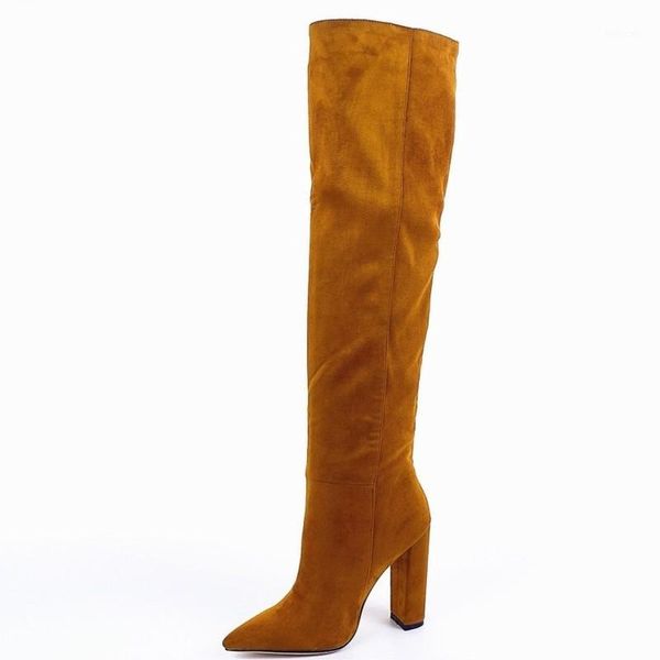 

2021 square hihh heels winter shoes new women over the knee high boots sewing pointed toe flock women boots red size 34-431, Black