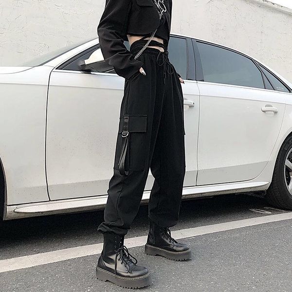 

black cargo pants women baggy plus size loose hip hop sweatpants ribbons sport gothic trousers joggers mujer pantalones kobieta1, Black;white