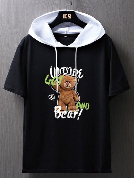 

men letter & bear print colorblock drawstring hooded tee s7ct#, White;black