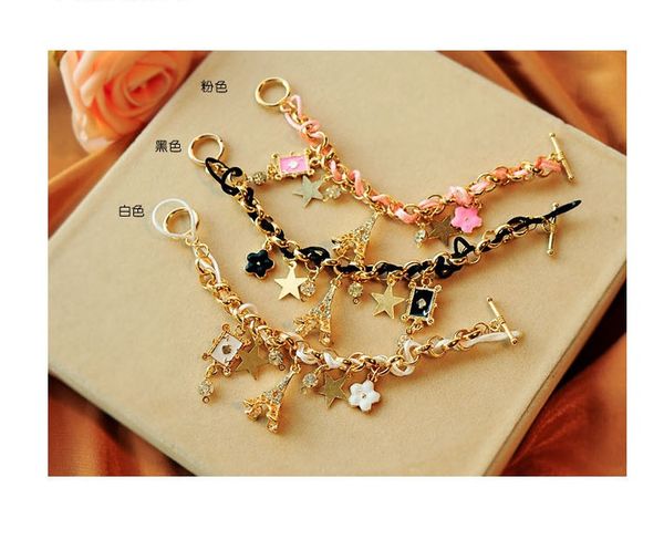 

fashion girl bracelet stars hearts paris eiffel tower crown poker cute bangle leather rope five-leaf flower bracelets women jewelry, Red;brown