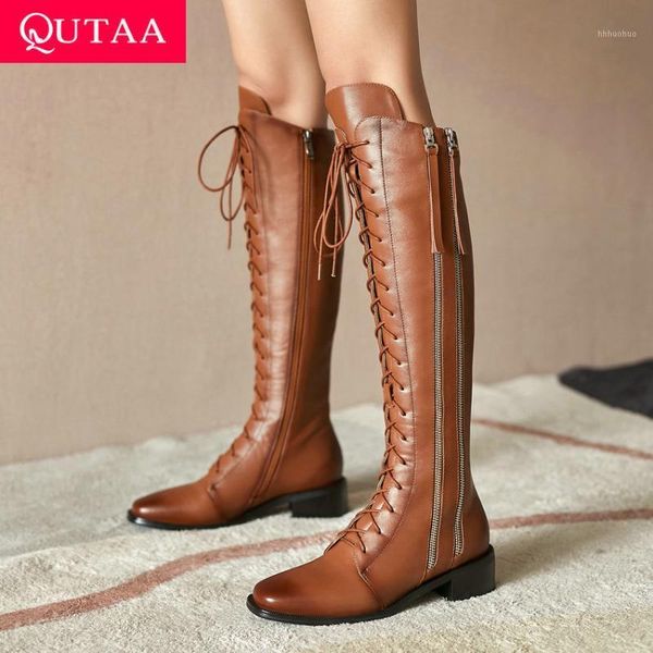 

boots qutaa 2021 lace up zipper knee high square toe fashion women shoes autumn winter heel long size 34-401, Black