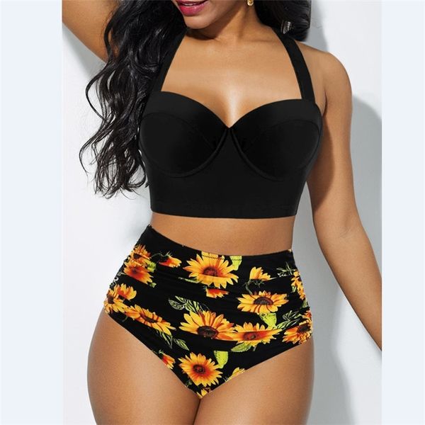 

size s-xxl women high waist bikini bandage push up padded swimwear ladies sunflower print swimsuit summer bathing beachwear y200319, White;black