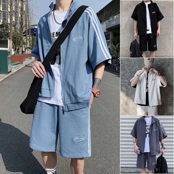 

hip summer new brand cool striped hop sports couple loose men's short sleeve class suit fashion, Gray