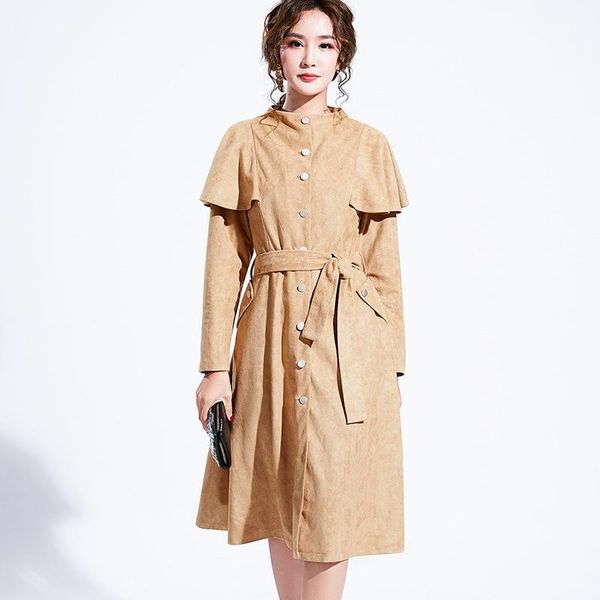 

2020 зимою женские пальто ретро стенд воротник тонкий с поясом ruffled пальто шанца женщин ветровка верхняя одежда, Tan;black