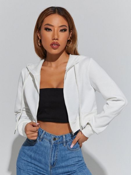 

petite solid zip up drawstring hoodie a4tc#, White;black