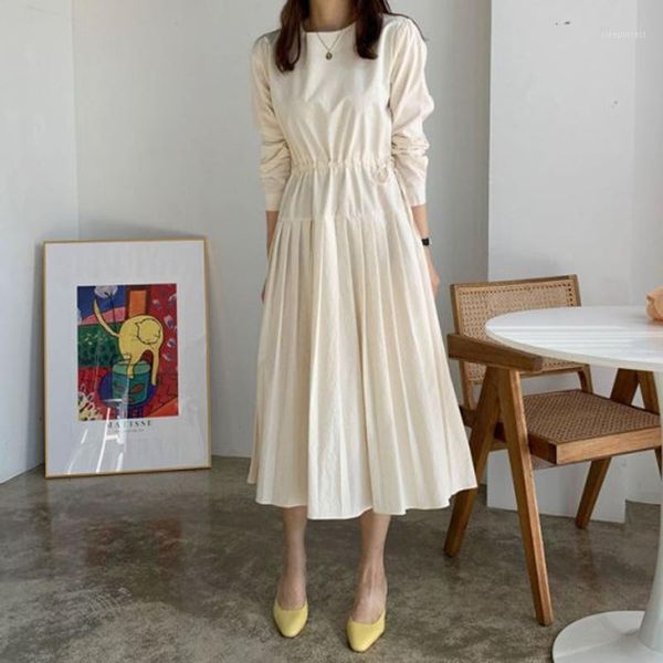 

hzirip casual chic 2020 office lady pleated women elegant o-neck chic solid long ankle-length dresses autumn puff sleeve1, Black;gray