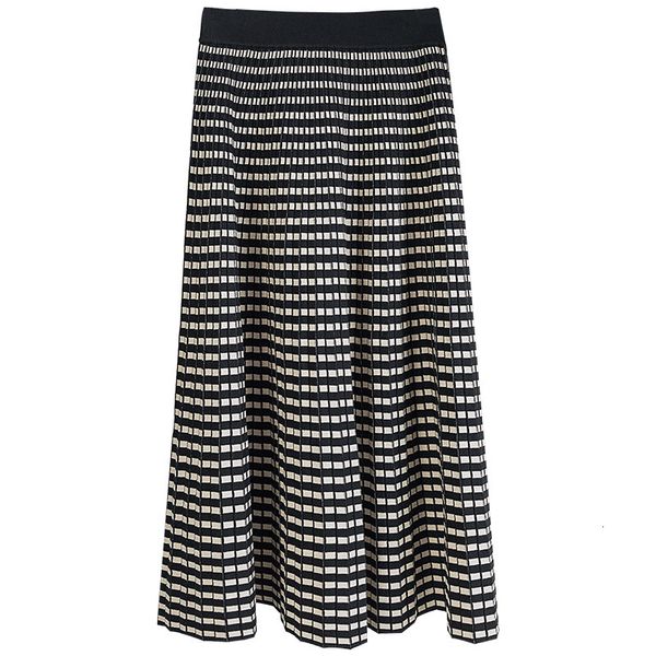 

2021 new sherhure autumn knitted long skirts high waist plaid thick jupe femme saia women a-line pleated skirt ty5t, Black