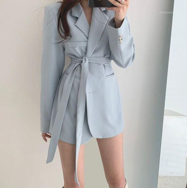 

women's suits & blazers loose lace-up solid color mid-length blazer chic outfits single breasted suit with sashes autumn business unifo, White;black