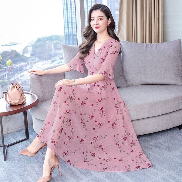 

2020 new summer short-sleeved floral chiffon close-fitting waist trumpet sleeve skirt 2020 new summer short-sleeved floral chiffon dress clo, Black;gray