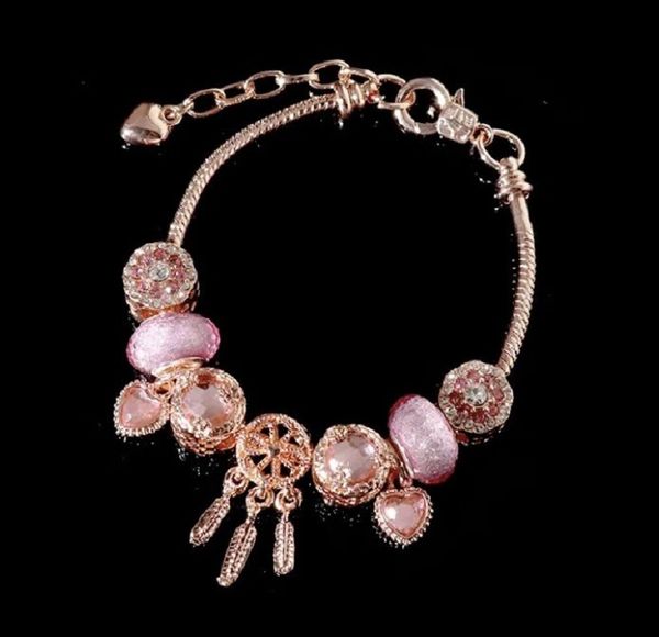 Top Silver Rose Gold Rosa Cristal Charme Beads Tamanho Ajustável Lobster Clasp Catcher Dream Cabe Seja Europeu Pandora Encantos Pulseiras Cadeia de Segurança Jóias DIY Mulheres