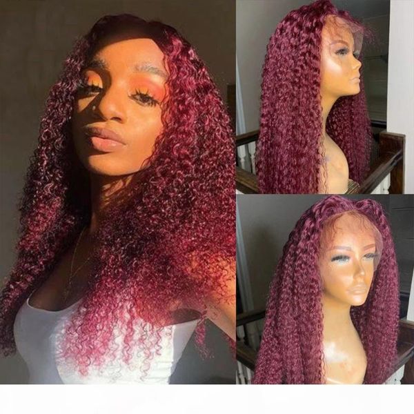 

red lace front human hair wigs natura hairline kinky curly indain silk full lace for women burgundy 360 frontal wig headband, Black;brown
