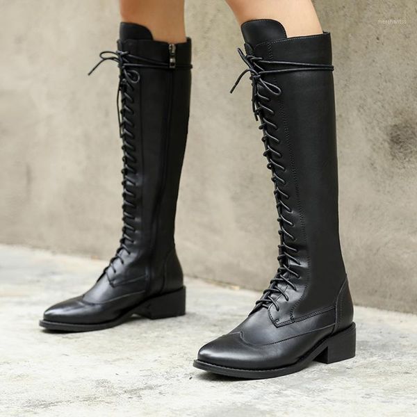 

classie design genuine leather knee high boots cross tied thick heels winter shoes woman night club party women boots1, Black