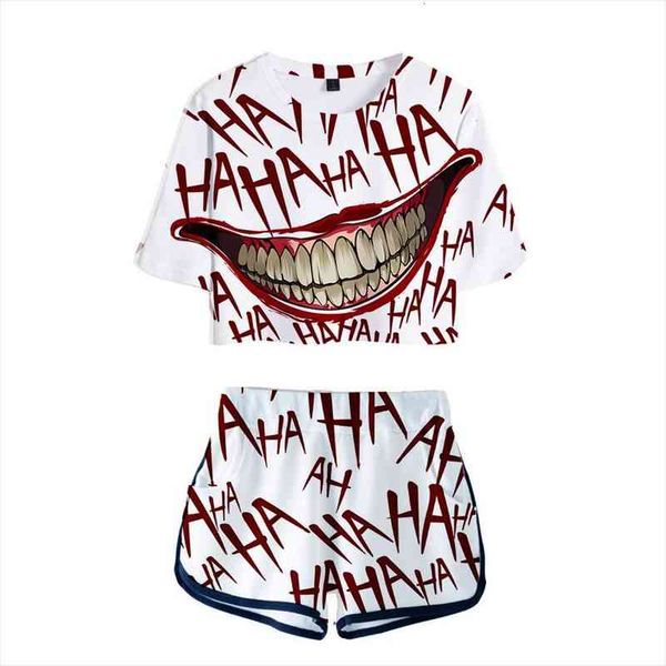 

haha joker two piece set summer cotton printed t shirt halloween crazy smile suit shorts crop fashion and, Gray