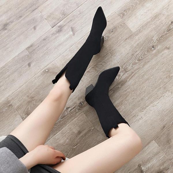 

марка дизайнер кожезаменитель женщины колено высокие сапоги западный ковбой клин заостренный носок сапоги женщина длинные коренастый высокий, Black