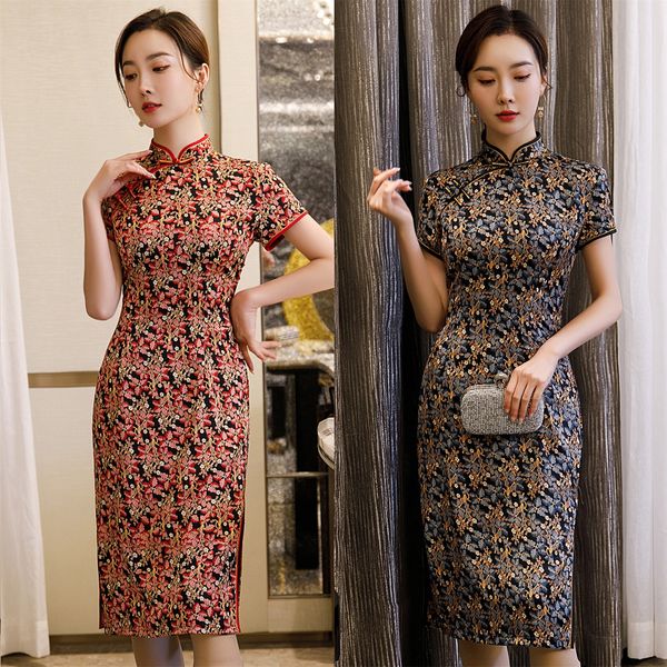 

qvdri kaiyu spring and cheongsam 2020 new length button national summer cheongsam cheongsamimitation xiangyun gauze medium three cheongsamna, Black;gray
