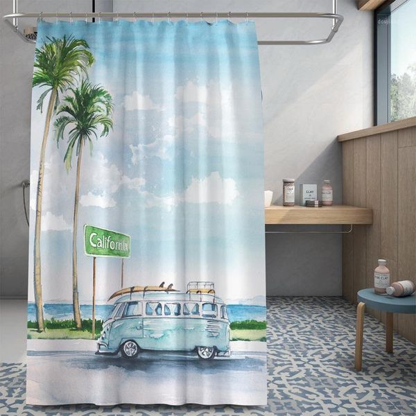 

cartoon bus shower curtain, painting bus sailboat bathroom shower curtain, waterproof mold proof bathroom curtain1