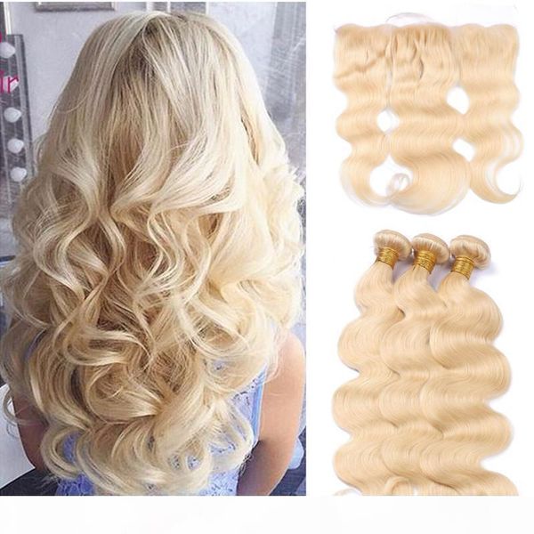 

blonde #613 body wave hair bundles with 13*4 lace band frontal closure brazilian virgin hair bundles with ear to ear lace frontal, Black;brown