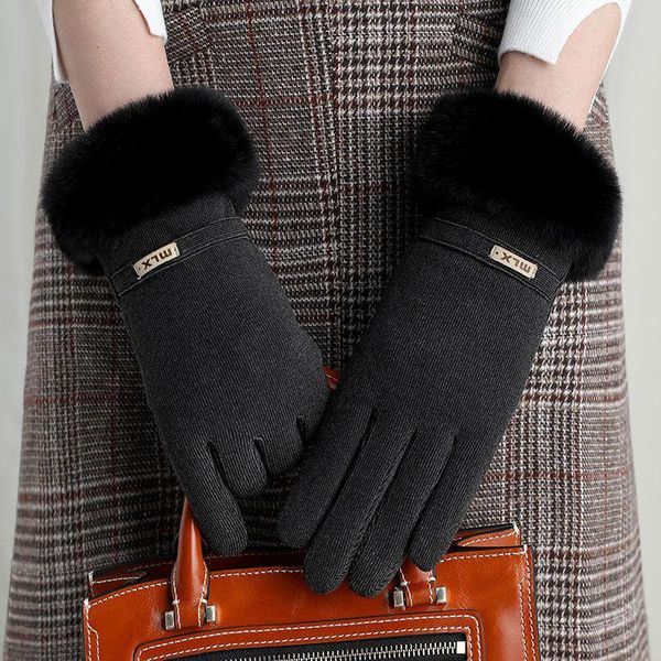 

velvet female touch screen cycling plush double thick letter mitten sport winter wrist glove driving women cashmere warm sparsil bbykag, Black
