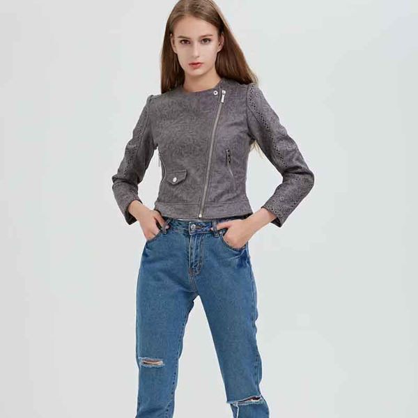 

klacwaya 2020 autumn women faux suede leather biker jackets long sleeve zipper suede streetwear hollow out gray coat, Black;brown