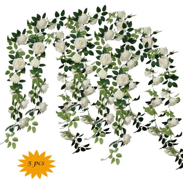 

5 pcs artificial flowers silk decorative fake flower rose vine rattan cane garland wall hang plant wedding party arch decor
