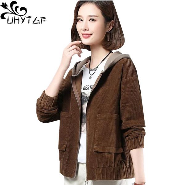 

uhytgf fashion corduroy spring autumn jacket hooded casual short elegant mother thin coat loose 3xl plus size outerwear 1044, Black;brown