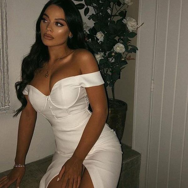 

wholesale 2020 summer woman's dress white slash neck strapless stylish and elegant celebrity cocktail party bandage dress, Black;gray