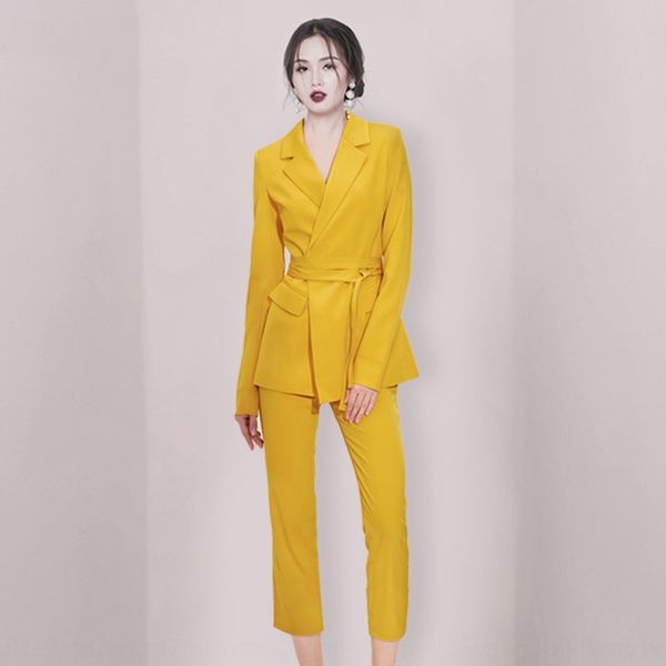 

2020 autumn coat new style commuting lapel suit slim straight pants suit lace up two pieces for women jvns0, Gray