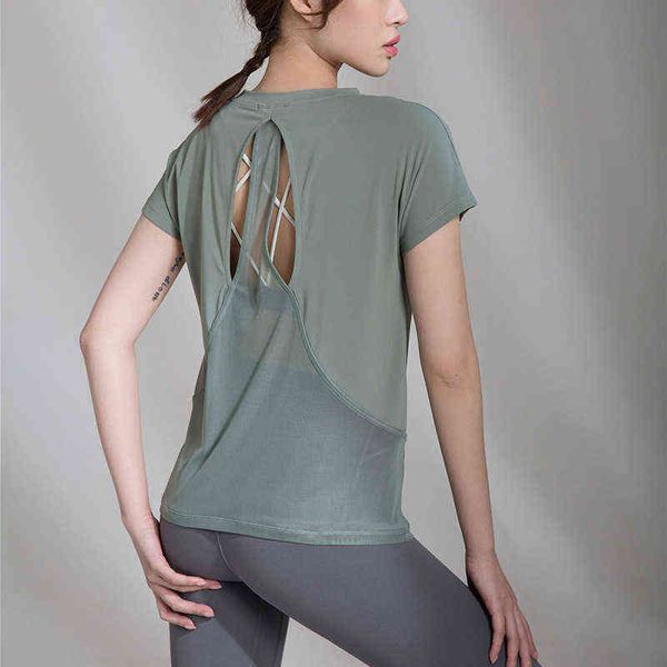 

women's yoga 2022 autumn sports short sleeve t-shirt women's net red backls quick drying loose running fitns cloth, White