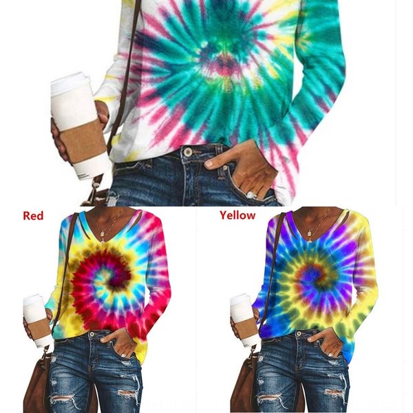 

autumn winter 2020 new women's v-neck tie dye printed long sleeve loose coat t-shirt t-shirt fqly1, White