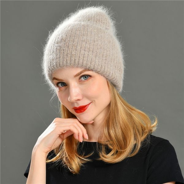 

autumn winter rabbit hair winter hat warm beanies hats casual women solid cashmere knitted beanie hat with bright wire y201024, Blue;gray