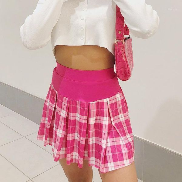 

pink plaid pleated skirts y2k preppy style mini skirts elastic high waisted bottom korean vinatge women school1, Black