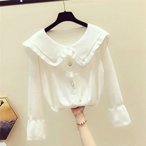 

2021 new women's blouse autumn chic sweet neck pearl single-breasted cardigan long sleeve y509 1ji4, White;black