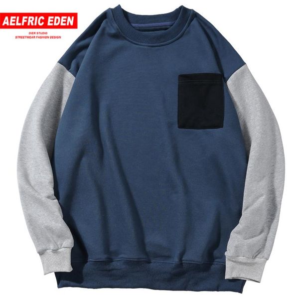 

aelfric eden vintage patchwork mens sweatshirts harajuku streetwear casual cotton pullover hip hop fashion oversized long sleeve, Black