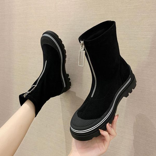 

european station autumn new thick-soled rhinestone front zipper suede frosted short boots martin boots women's shoes, Black