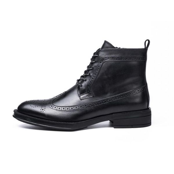 

boots winter brogue wing tip work safety shoes office man genuine leather formal ankle med heels high business party, Black