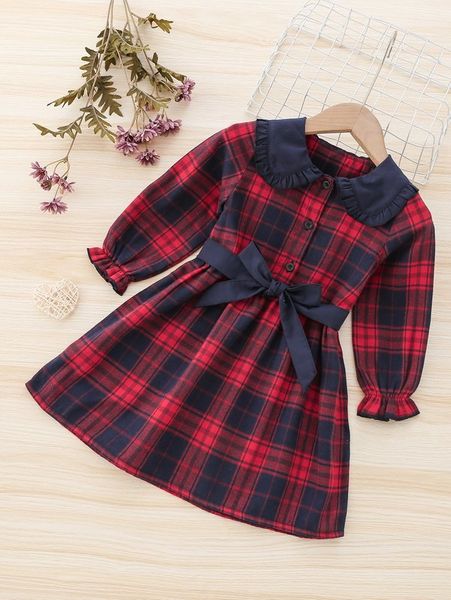 

toddler girls peter pan collar plaid belted dress she, Red;yellow