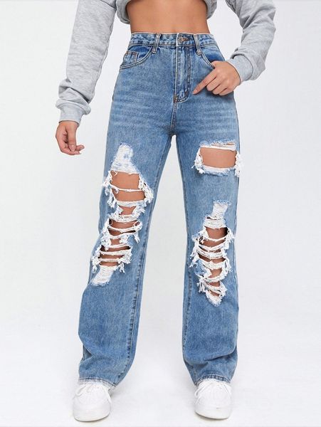 

light washed cut out ripped straight leg jeans t3r1#, Blue
