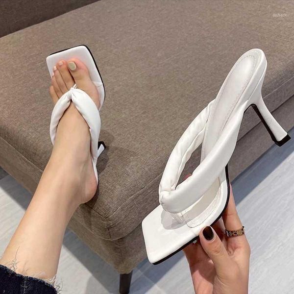

sandals soft comfortable pu upper square toe high heeled women slippers summer flip flops clip slip on shoes1, Black