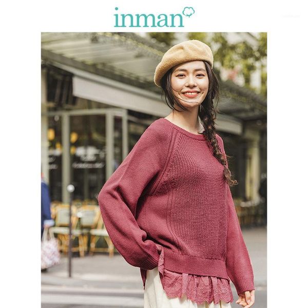 

inman 2019 winter new arrival literary split lace fake two pieces women pullover1, White;black