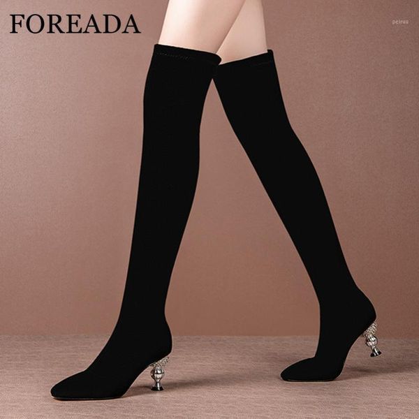 

boots foreada square toe woman high heel over the knee strange style long zip ladies slim stretch shoes black1, Black