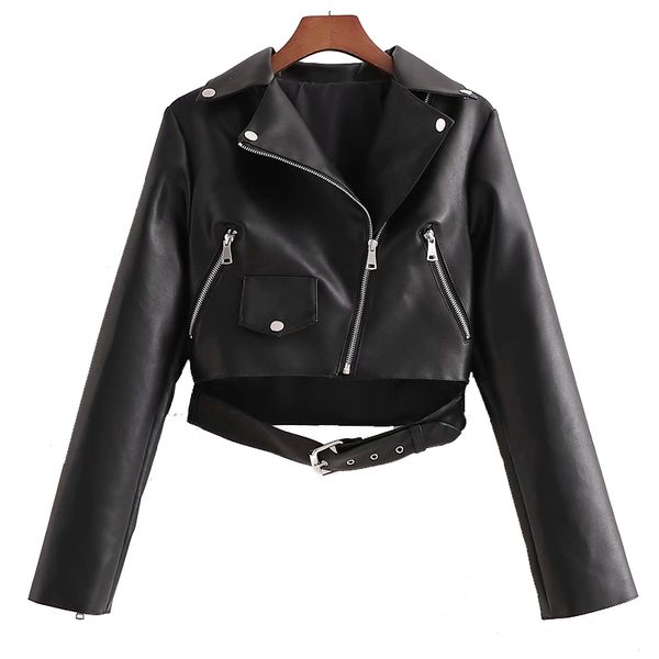 

2021 new spring autumn women faux leather jacket ladies solid with belt biker coat female casual outwear jx2y, Black