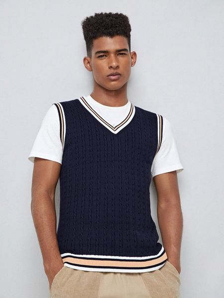 

men striped trim cable knit cricket sweater vest without tee b57u#, White;black