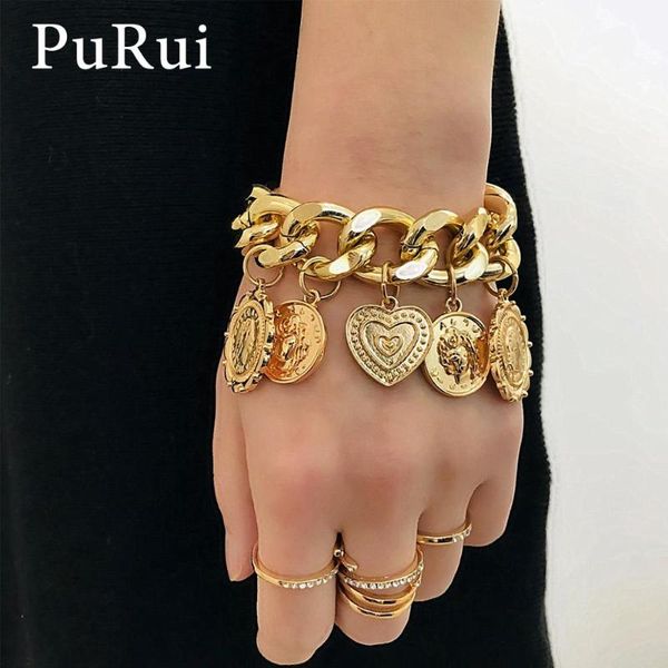 

charm bracelets punk coins tassel curb chain bracelet for women chunky carved portrait bangle luxury heart jewelry, Golden;silver