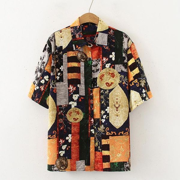 

lady comfortable leisure fashion shirts women retro print short sleeve casual shirt new trend creativity lapel blouse1, White