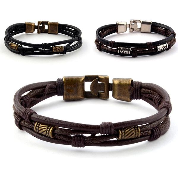 

hi man european vintage handmade multi-layer leather bracelet for men trend party jewelry wristband friendship gift, Golden;silver